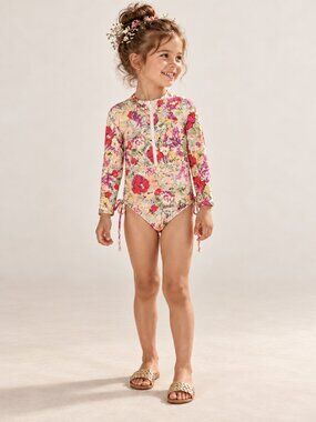 Zimmermann Girls Pink Peony Floral Zip-Up Swimsuit Designer Resortwear $200 MSRP